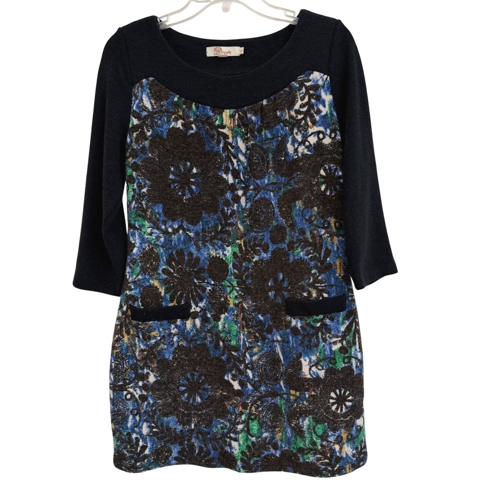 Aryeh By‎ Anthropologie Floral Knit Tunic Dress Black Blue Brown 3/4 Sleeve Sz L